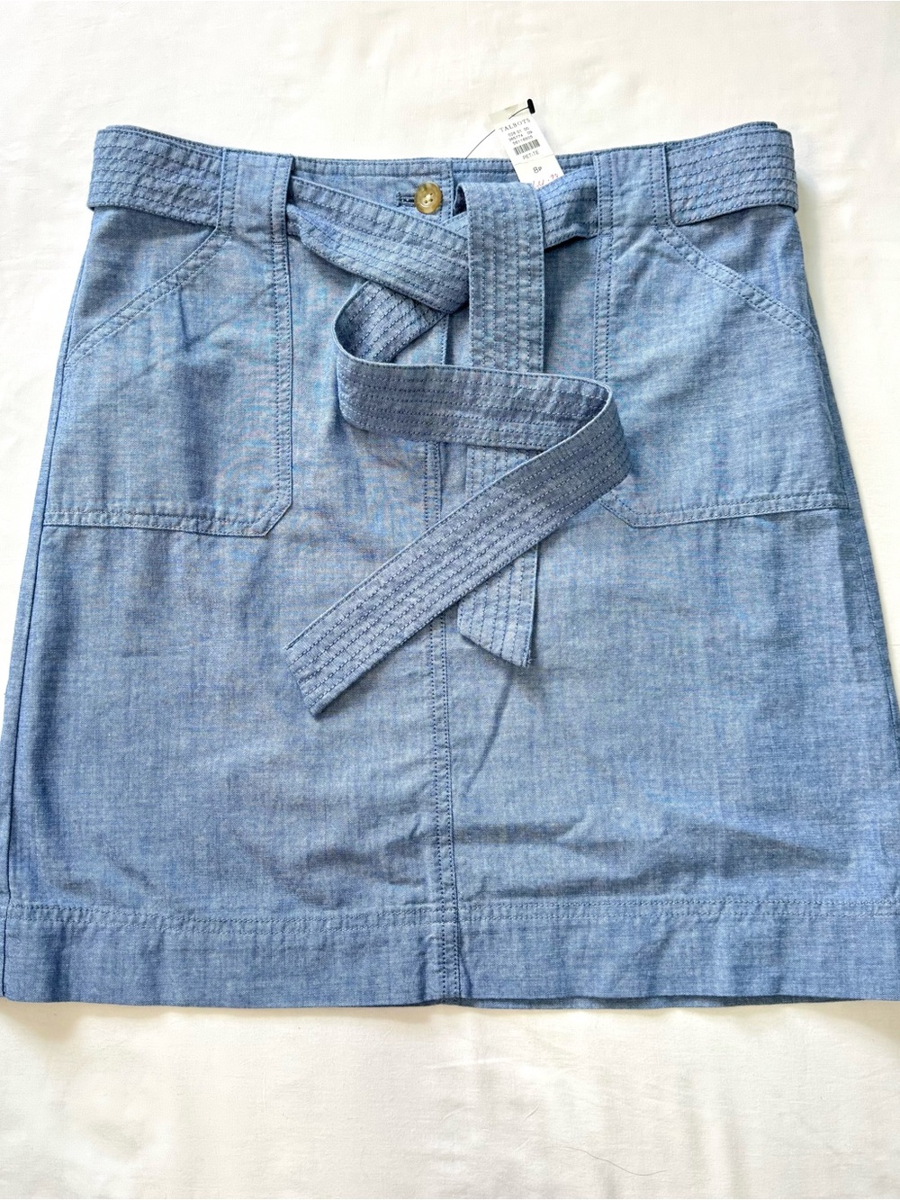 Talbots Tie Waist Utility Skirt Women’s 8P Newport Chambray Blue Coastal NEW